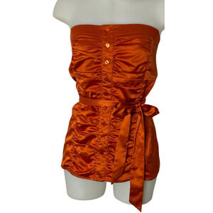 VTG Y2K Miss Bisou Tube Top XL Rust Orange Ruched Button Strapless Satin Red